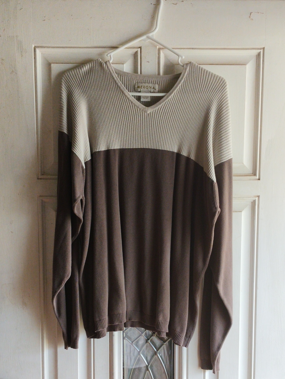 Merona Two-Tone V-Neck Sweater in Beige and Taupe
